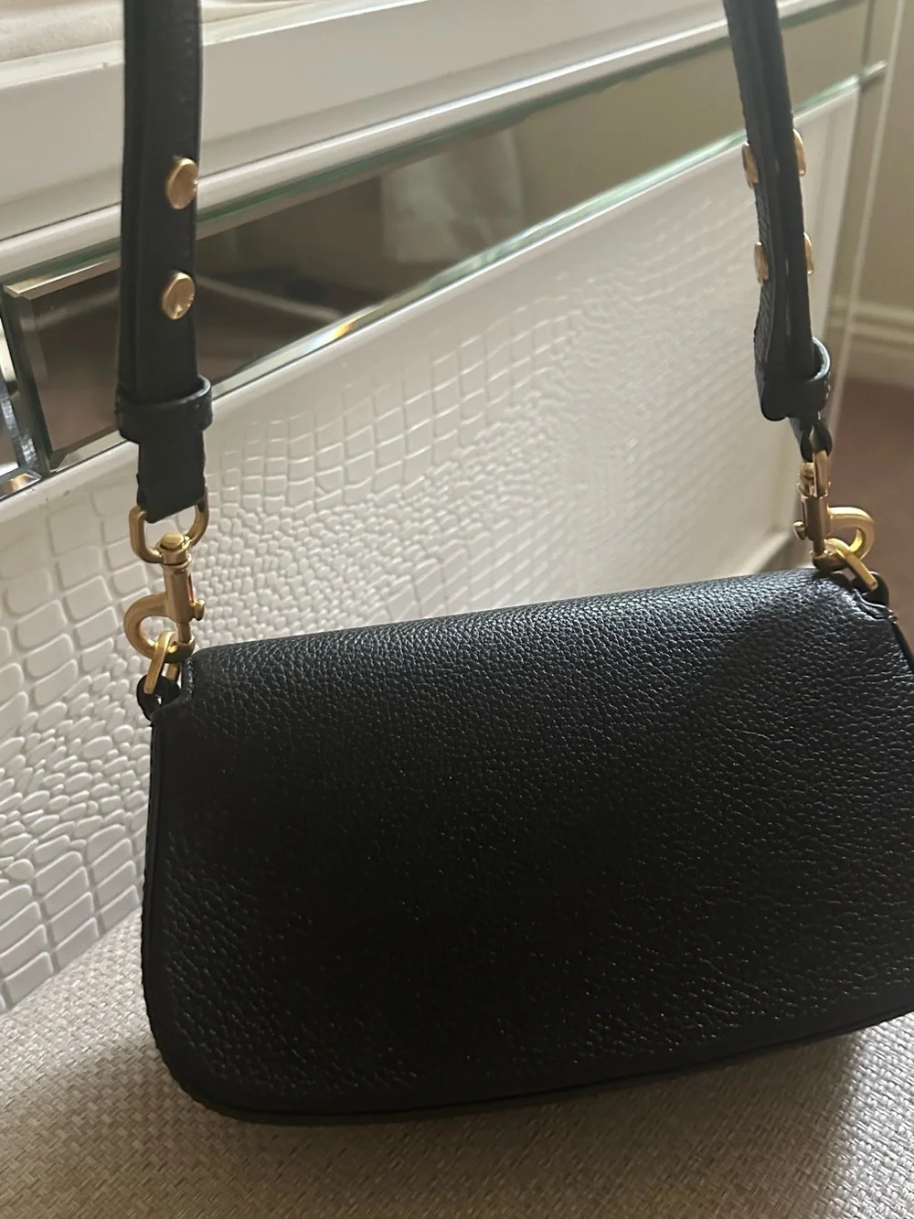 Tory Burch Black Pebbled Leather Shoulder Bag with Gold Logo